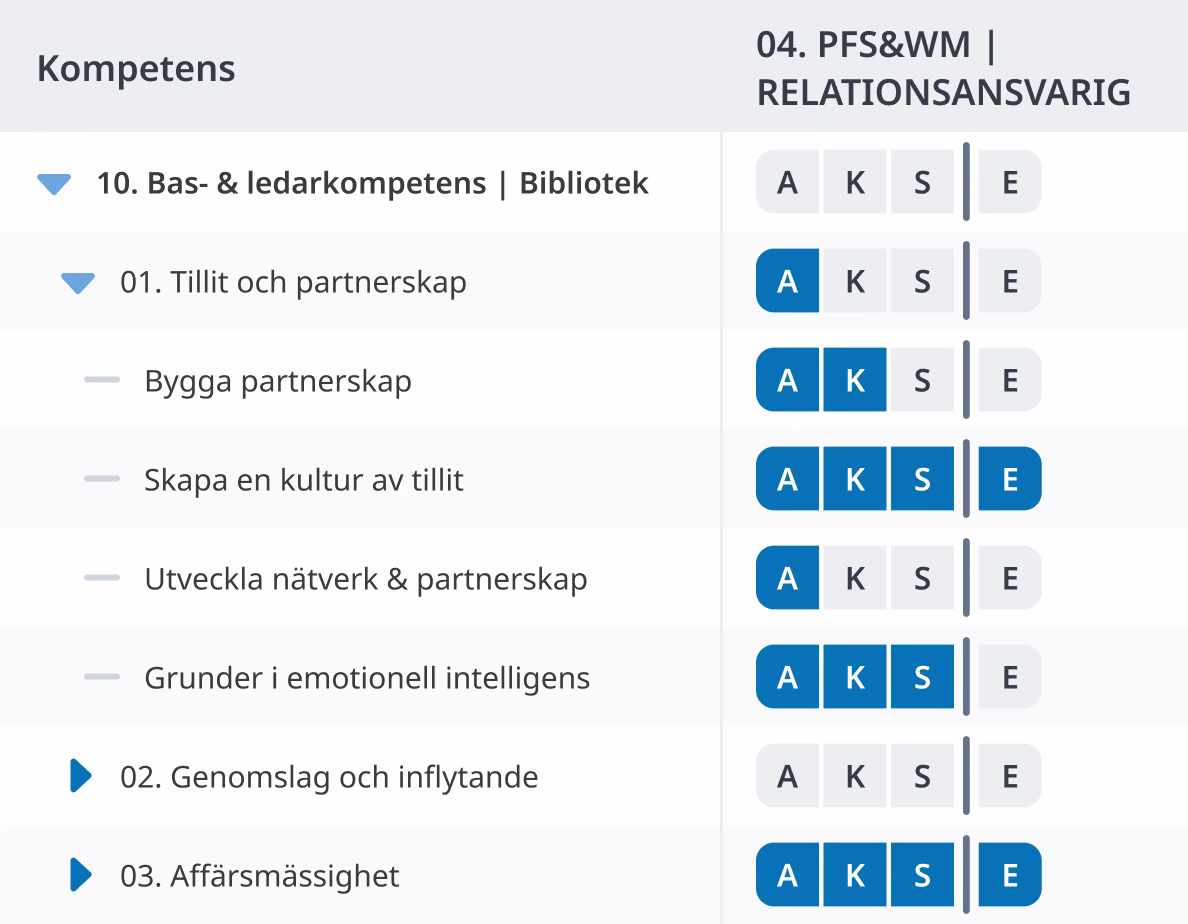 Competency matrix showing the proficiency levels a role requires for each competency.