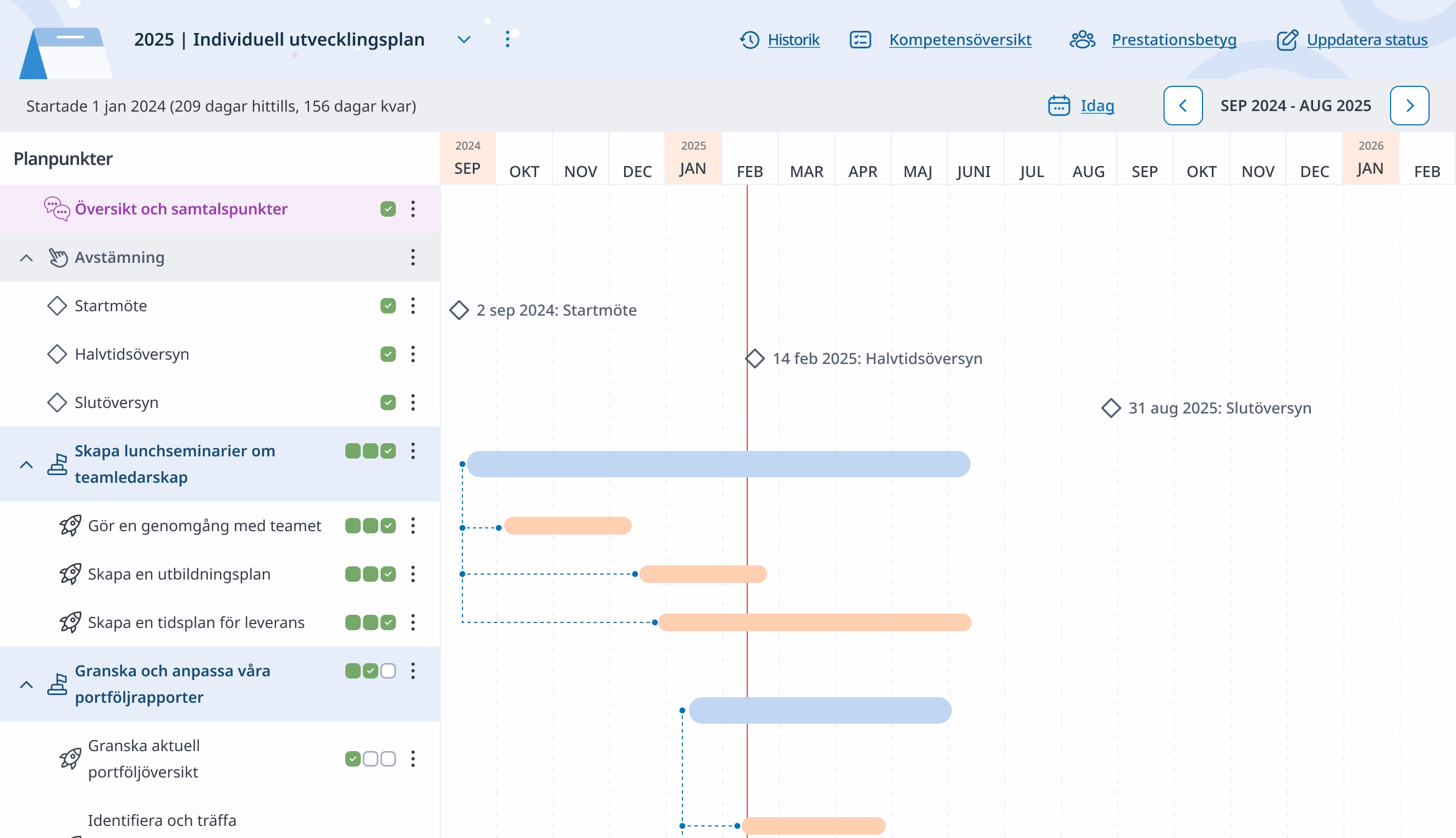 Individual development plan with review meetings and actions laid out on a timeline.