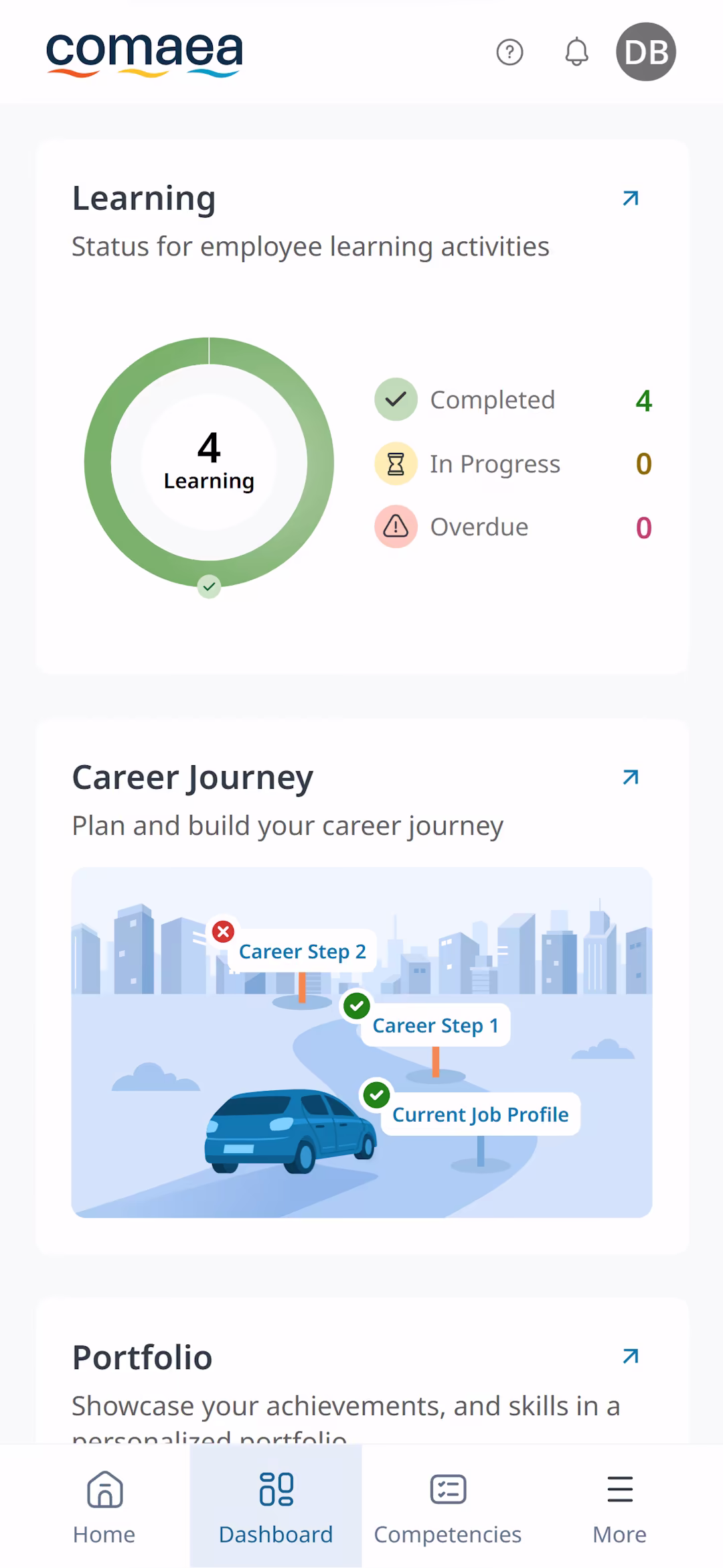 Employee dashboard on a mobile phone, showing learning status and career progress.