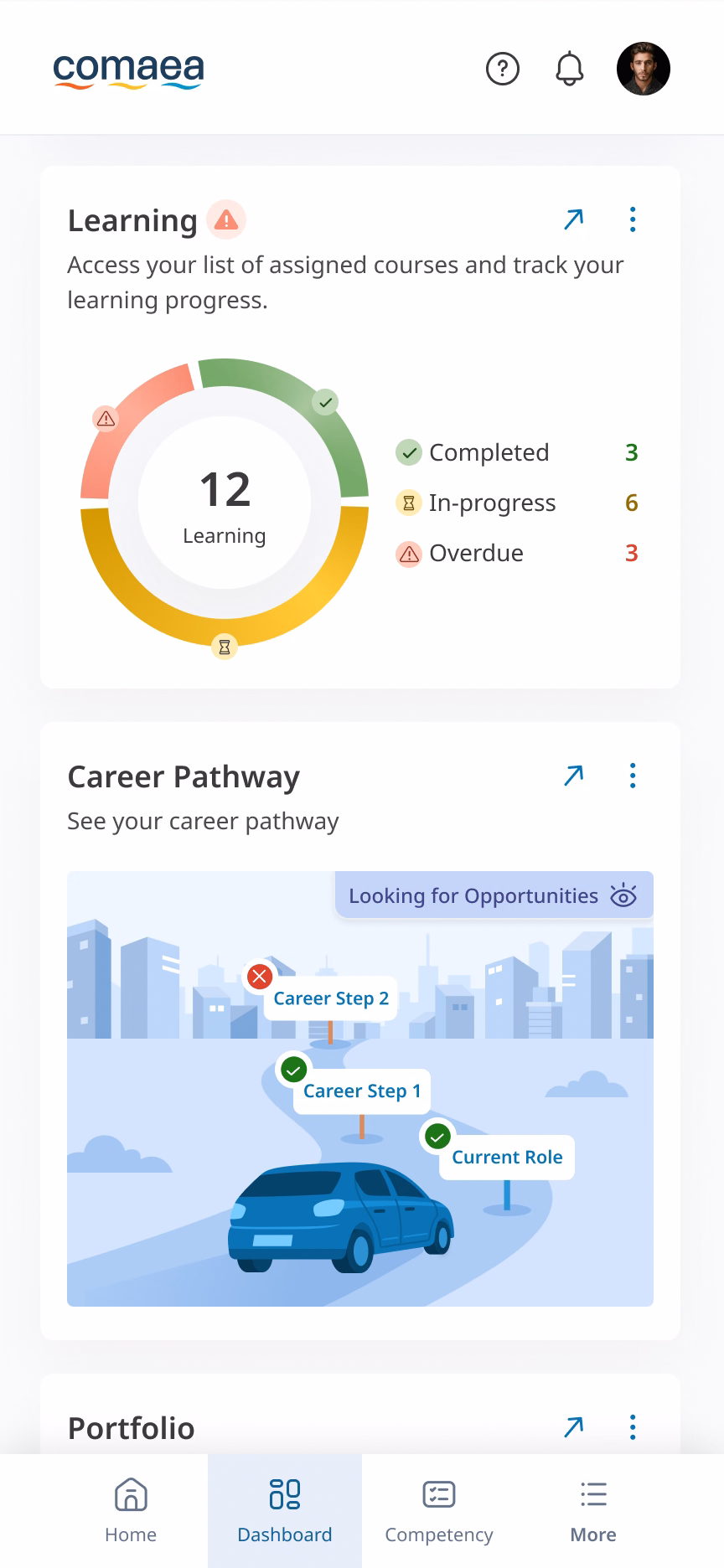 Employee dashboard on a mobile phone, showing learning status and career progress.