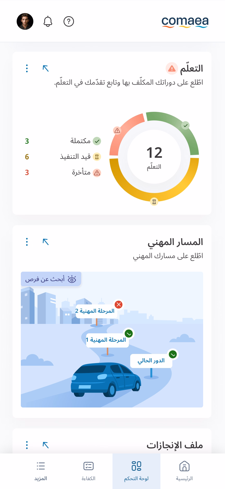 لوحة معلومات الموظف على هاتف محمول تعرض حالة التعلّم والتقدم المهني.