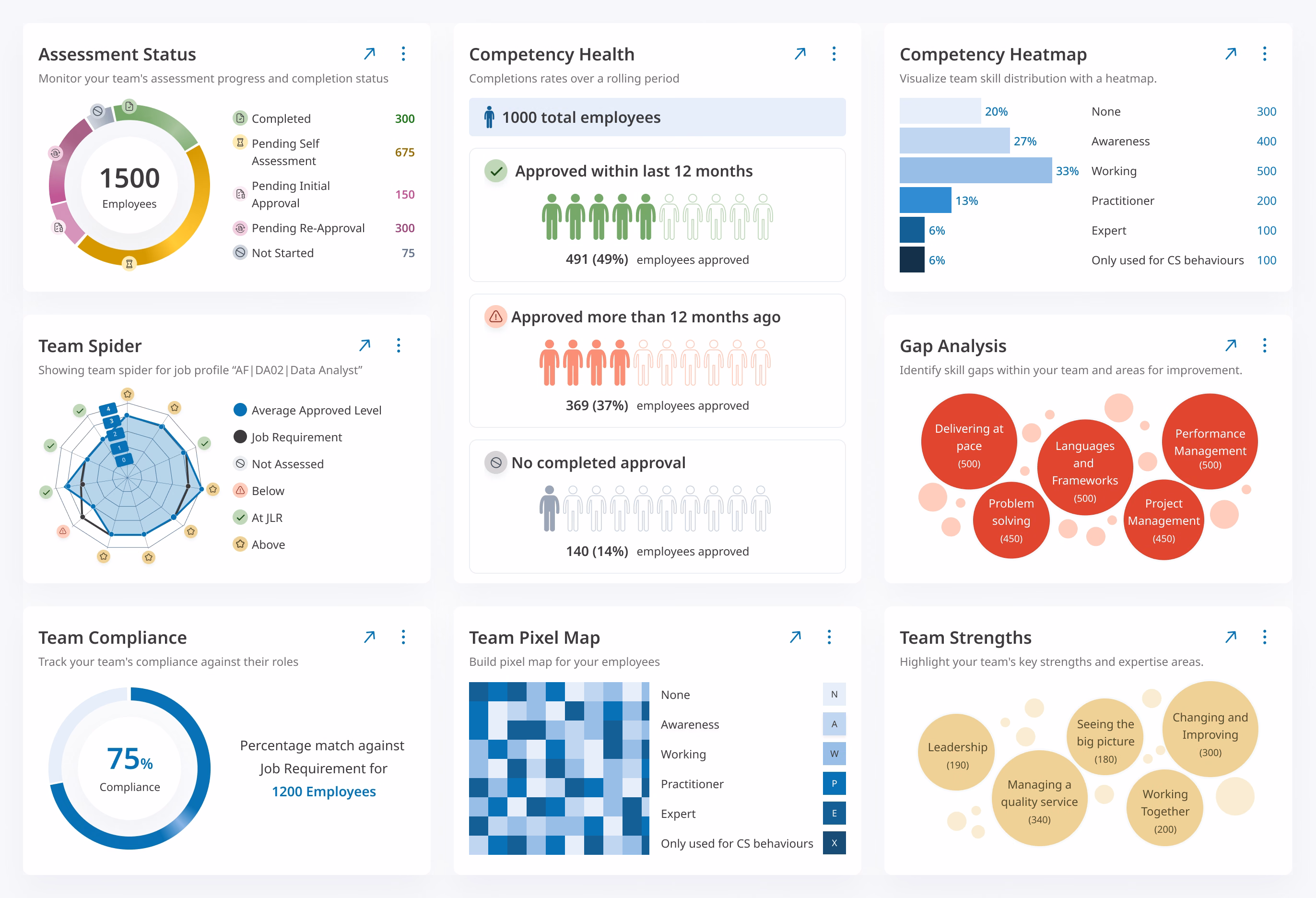 Partial screenshot of a dashboard aimed at HR and capability teams, showing statistics on competency health, assessment status, team strengths, gap analysis, and more.