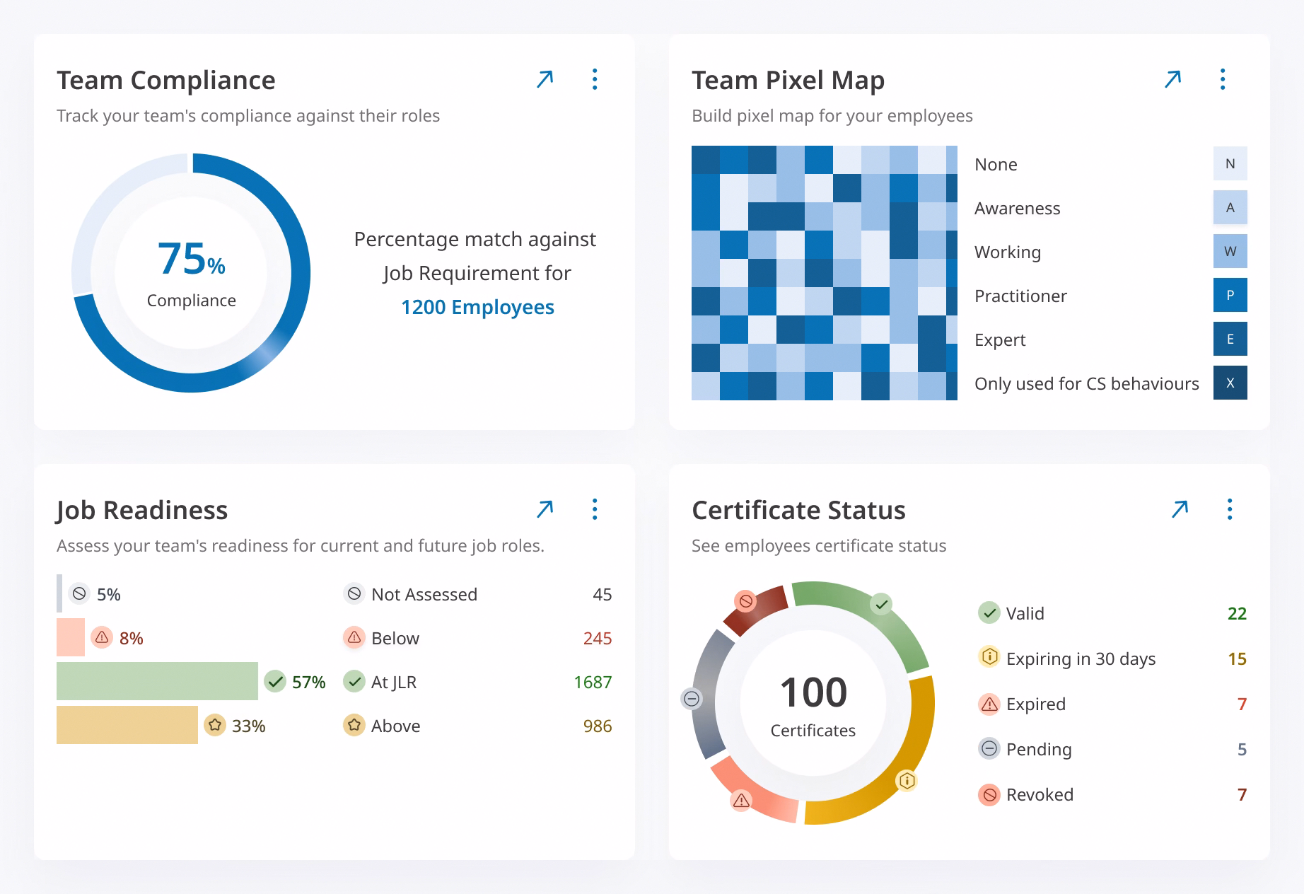 Team dashboard widgets showing role compliance, a competency pixel map, job readiness, and certificate status.