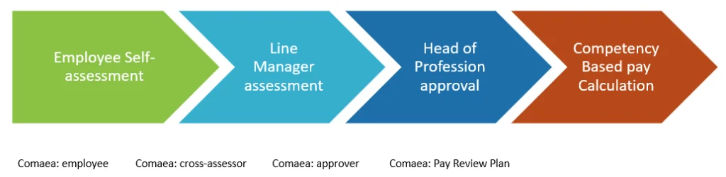 Four-stage competency based pay process: employee self-assessment, line manager assessment, head of profession approval, then competency based pay calculation. Each stage maps to a Comaea role - employee, cross-assessor, approver, and pay review plan.