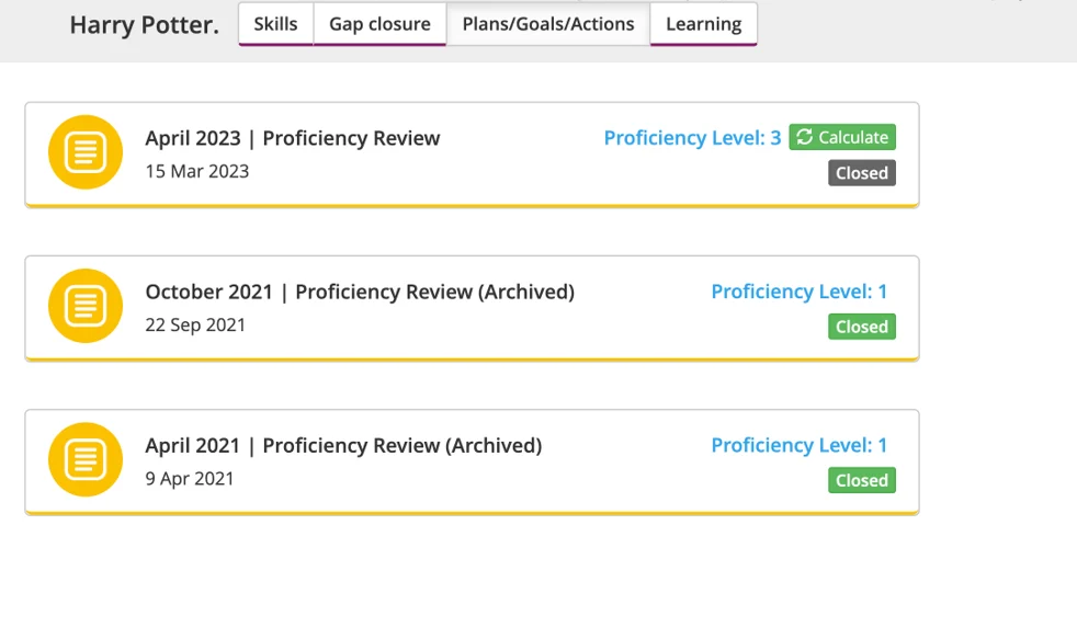 A list of a person's proficiency reviews from 2021 to 2023, each showing its date, status, and calculated proficiency level