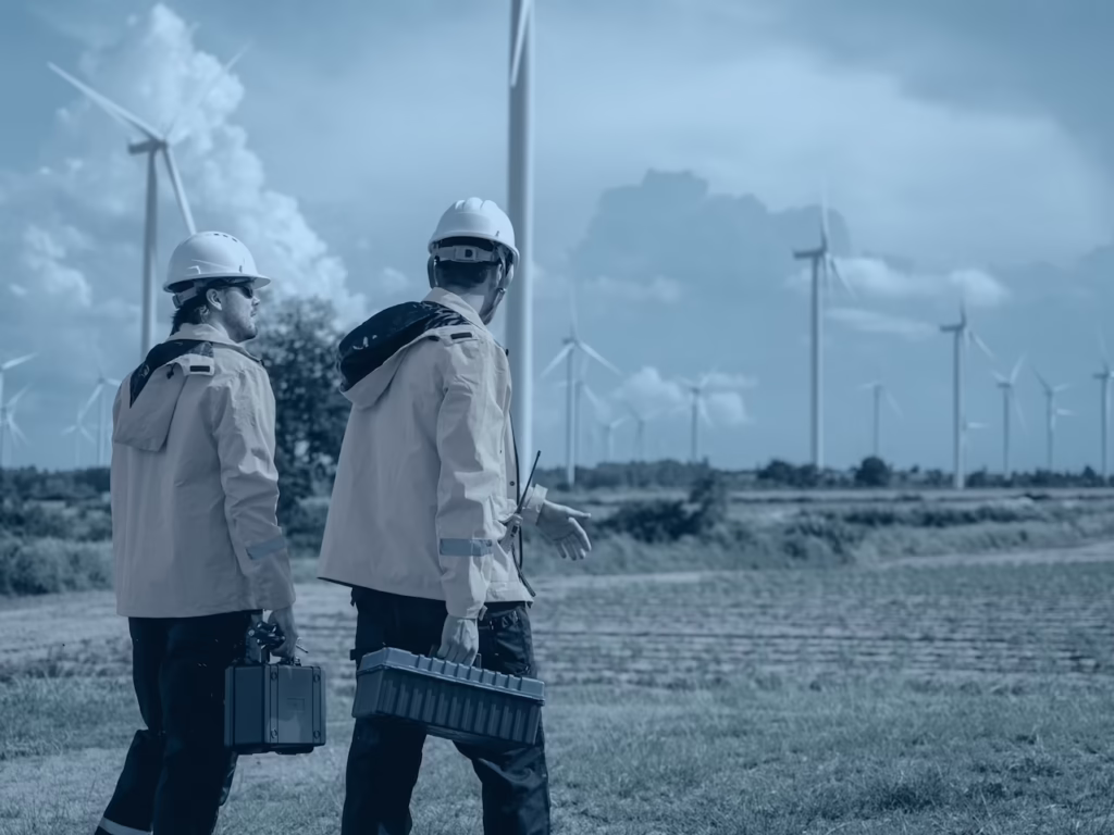 Engineers at a wind farm walking down a path